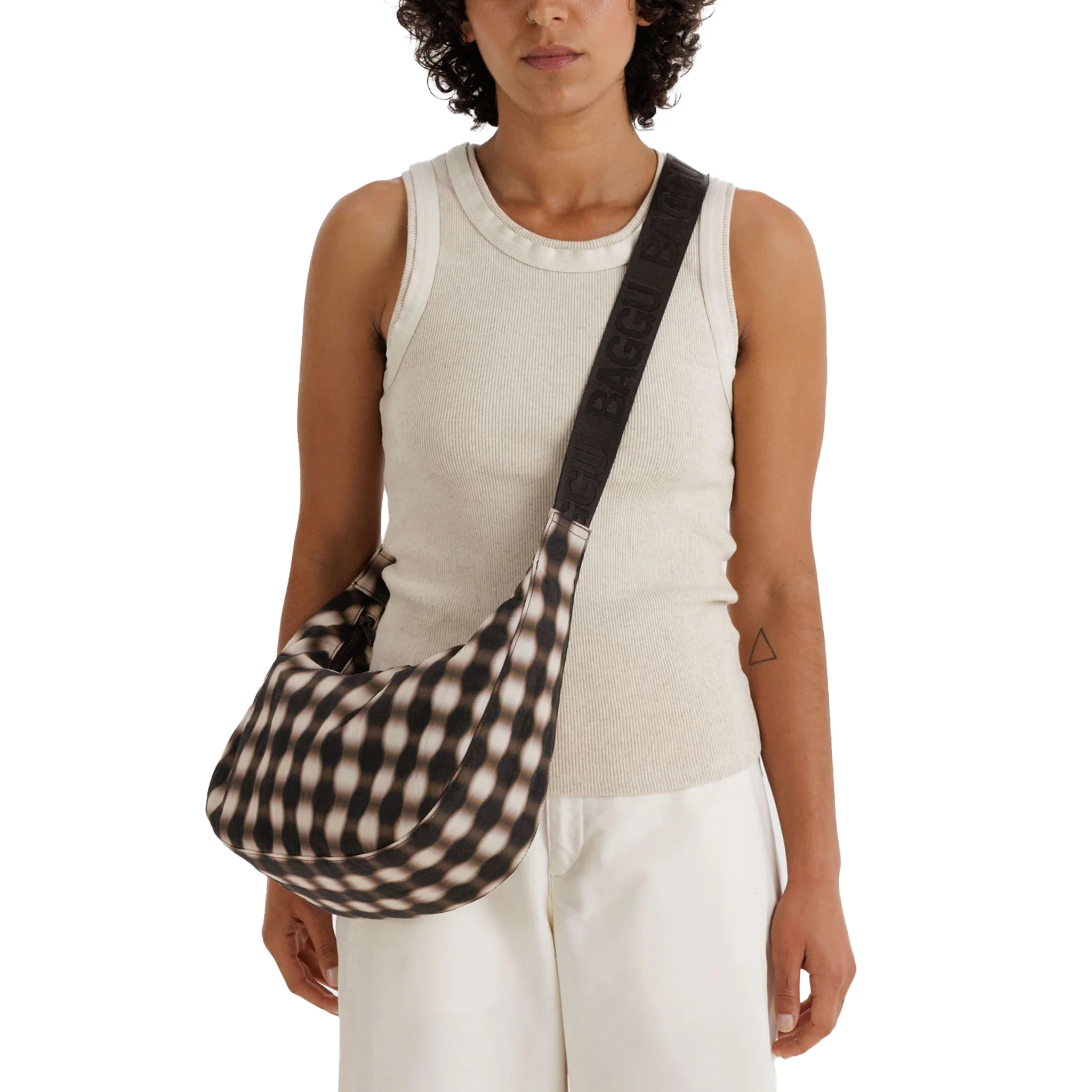Baggu Medium Nylon Crescent Bag, Blurred Gingham Brown - Image 2