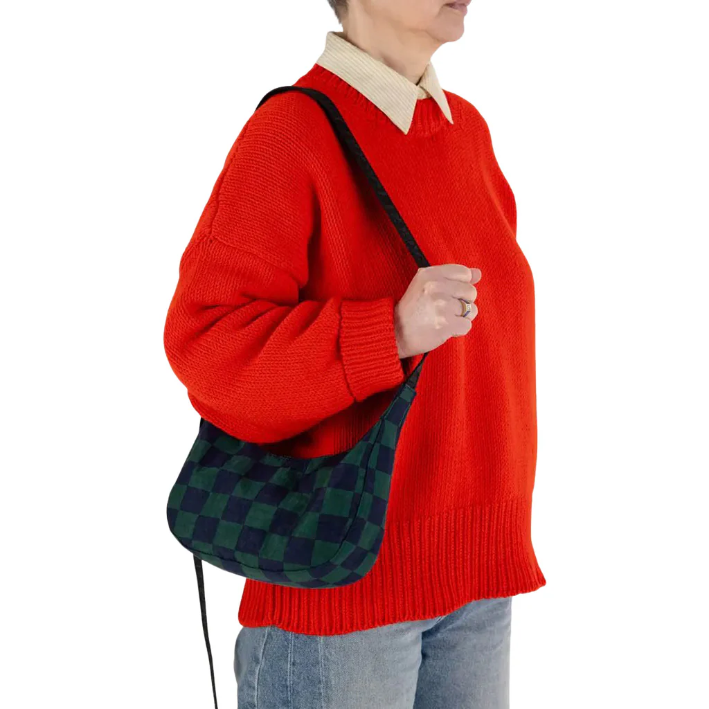 Baggu Small Nylon Crescent Bag, Navy Green Check - Image 2