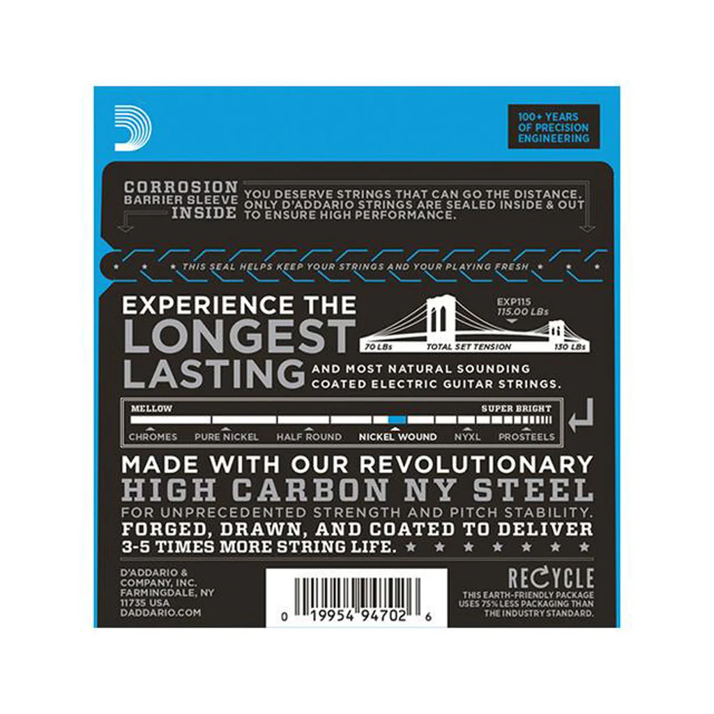 D'Addario EXP115 Coated Nickel Wound Electric Guitar Strings, Medium/Blues/Jazz, 11-49 - Image 2