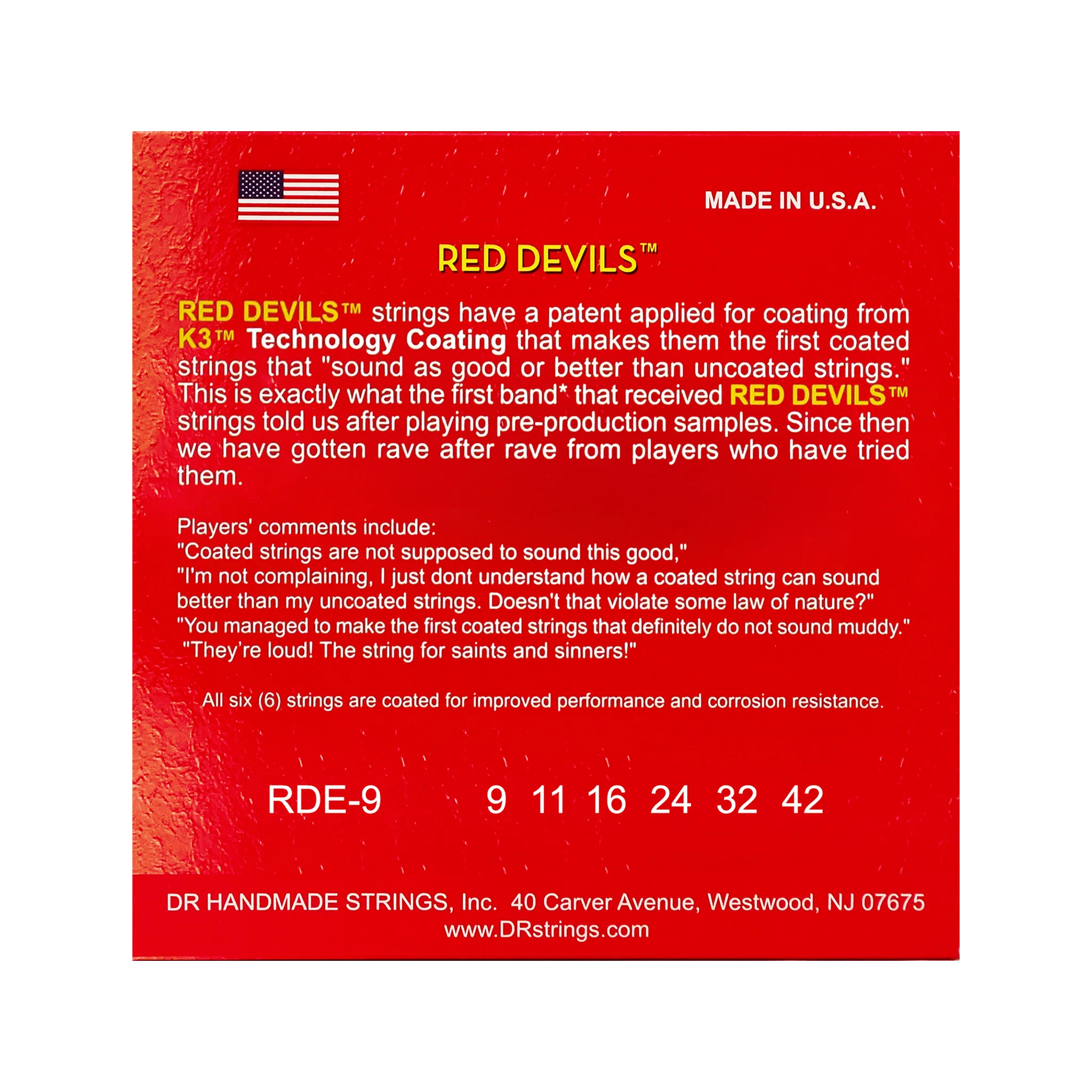 DR Strings RDE-9 Red Devils K3 Coated Electric Guitar Strings, Light, 9-42 - Image 2