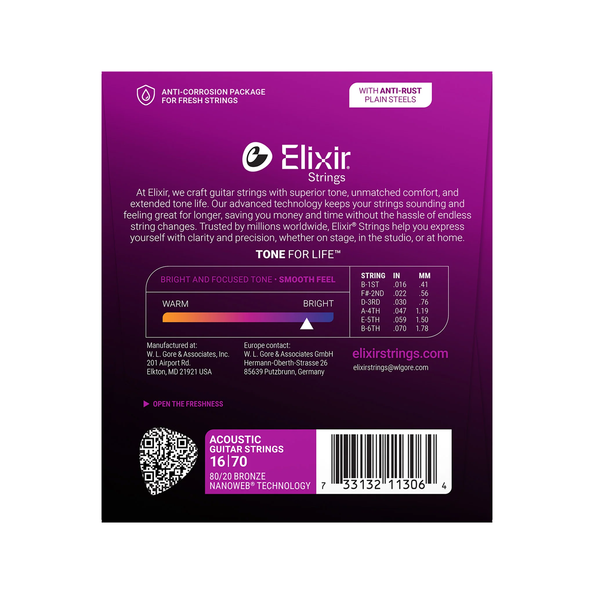 Elixir 11306 Nanoweb 80/20 6-String Baritone Acoustic Guitar Strings 16-70 - Image 3