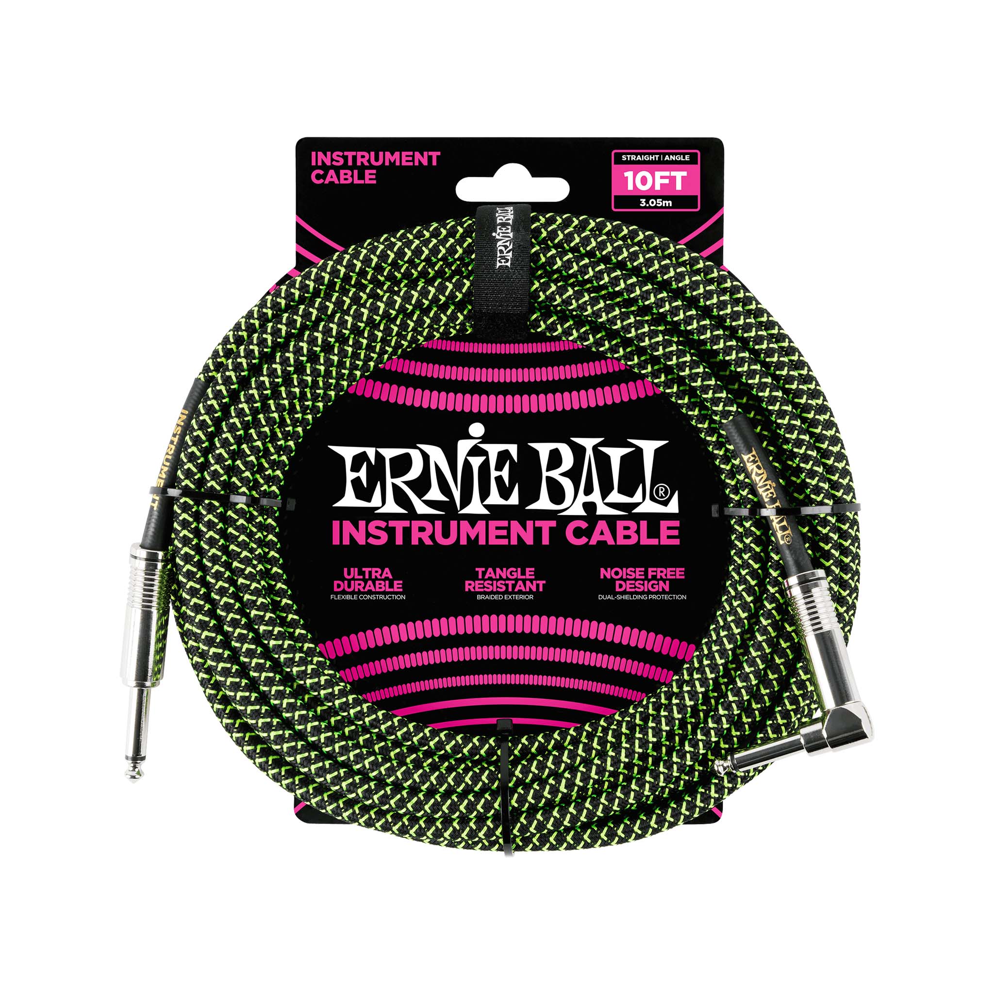 Ernie Ball 10ft Braided Straight to Angle Instrument Cable, Black/Green