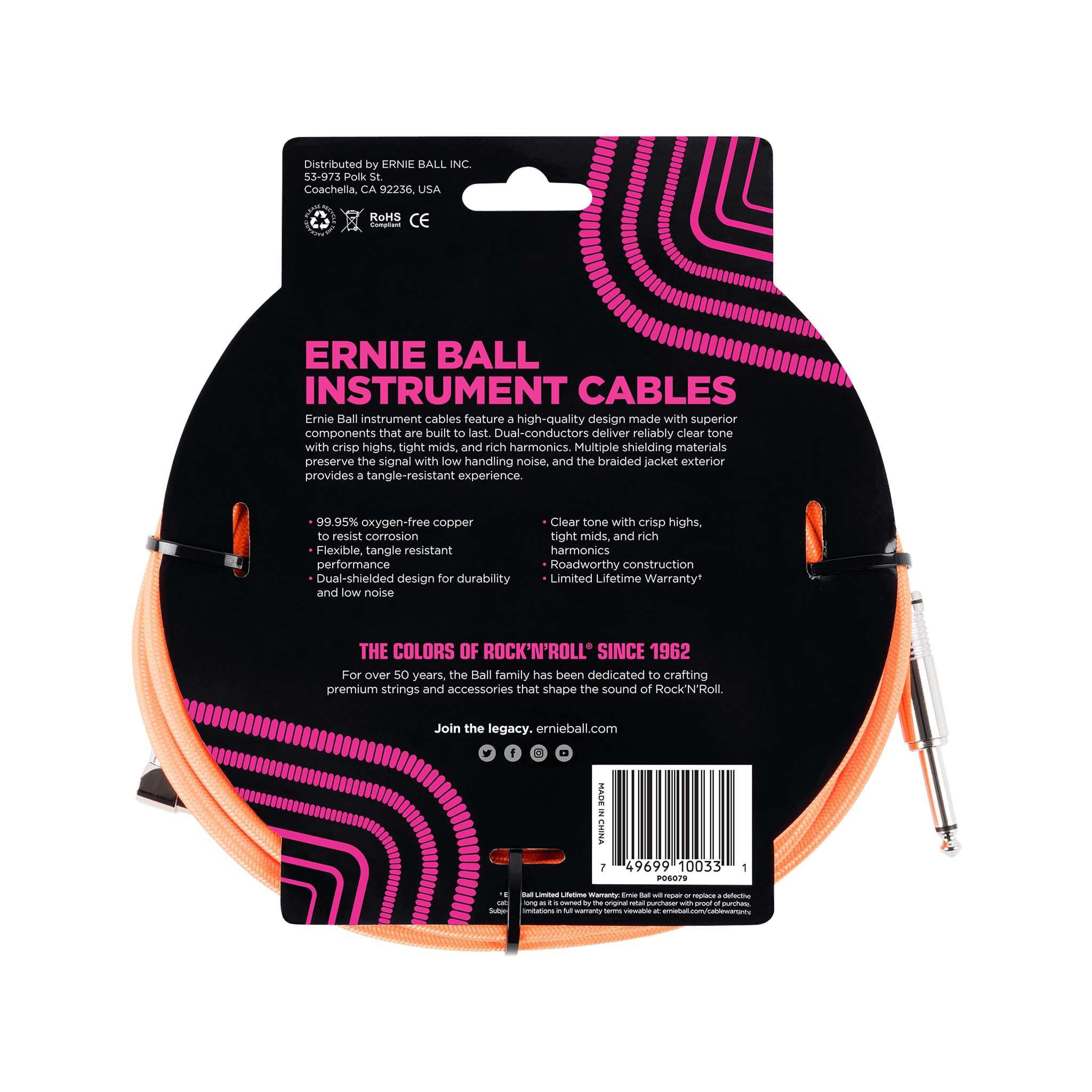 Ernie Ball 10ft Braided Straight to Angle Instrument Cable, Neon Orange - Image 2