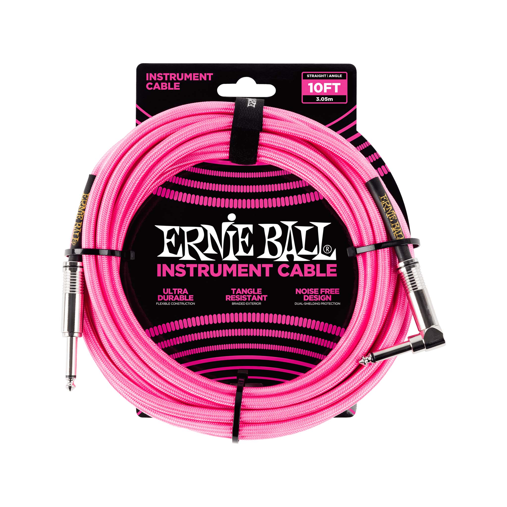 Ernie Ball 10ft Braided Straight to Angle Instrument Cable, Neon Pink