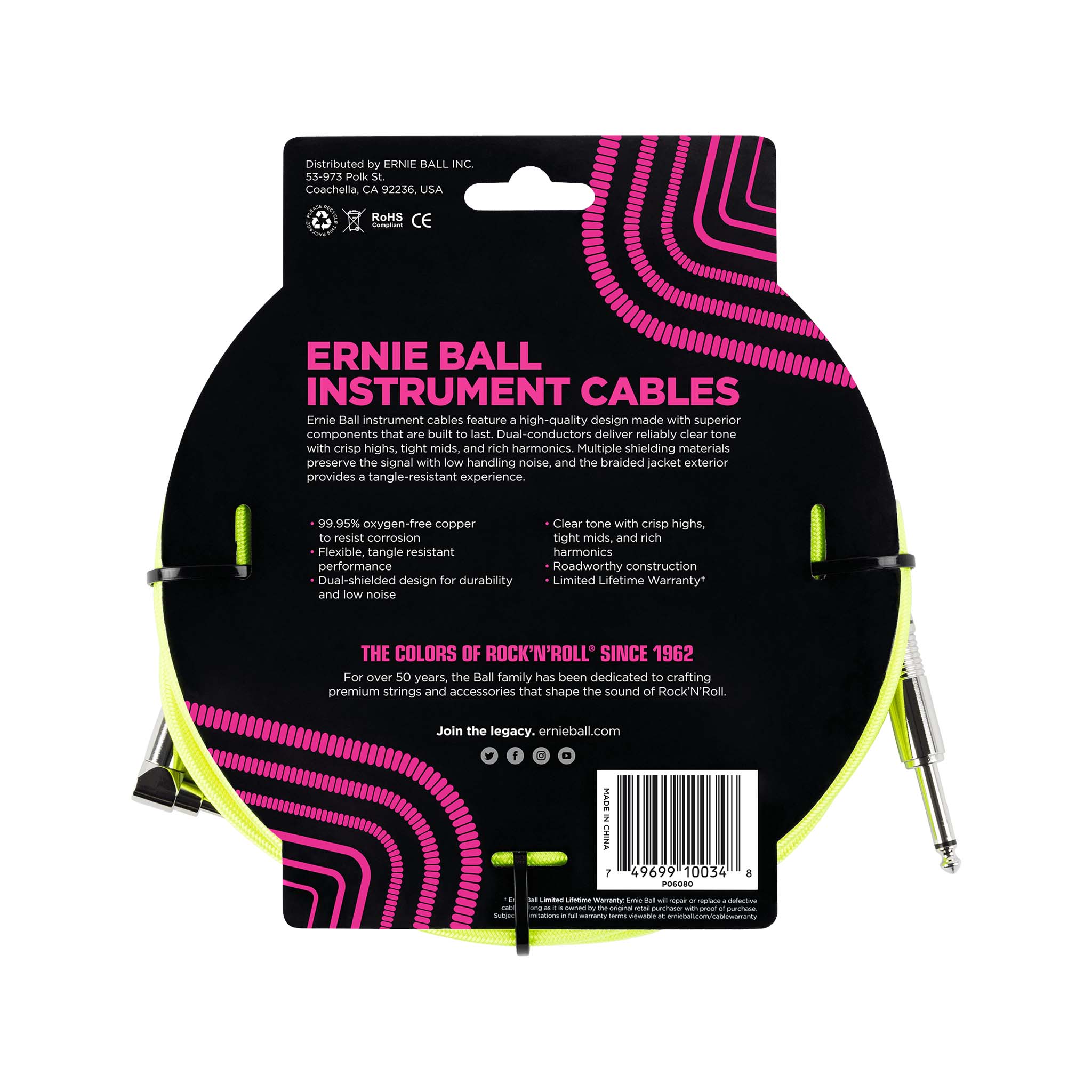 Ernie Ball 10ft Braided Straight to Angle Instrument Cable, Neon Yellow - Image 2