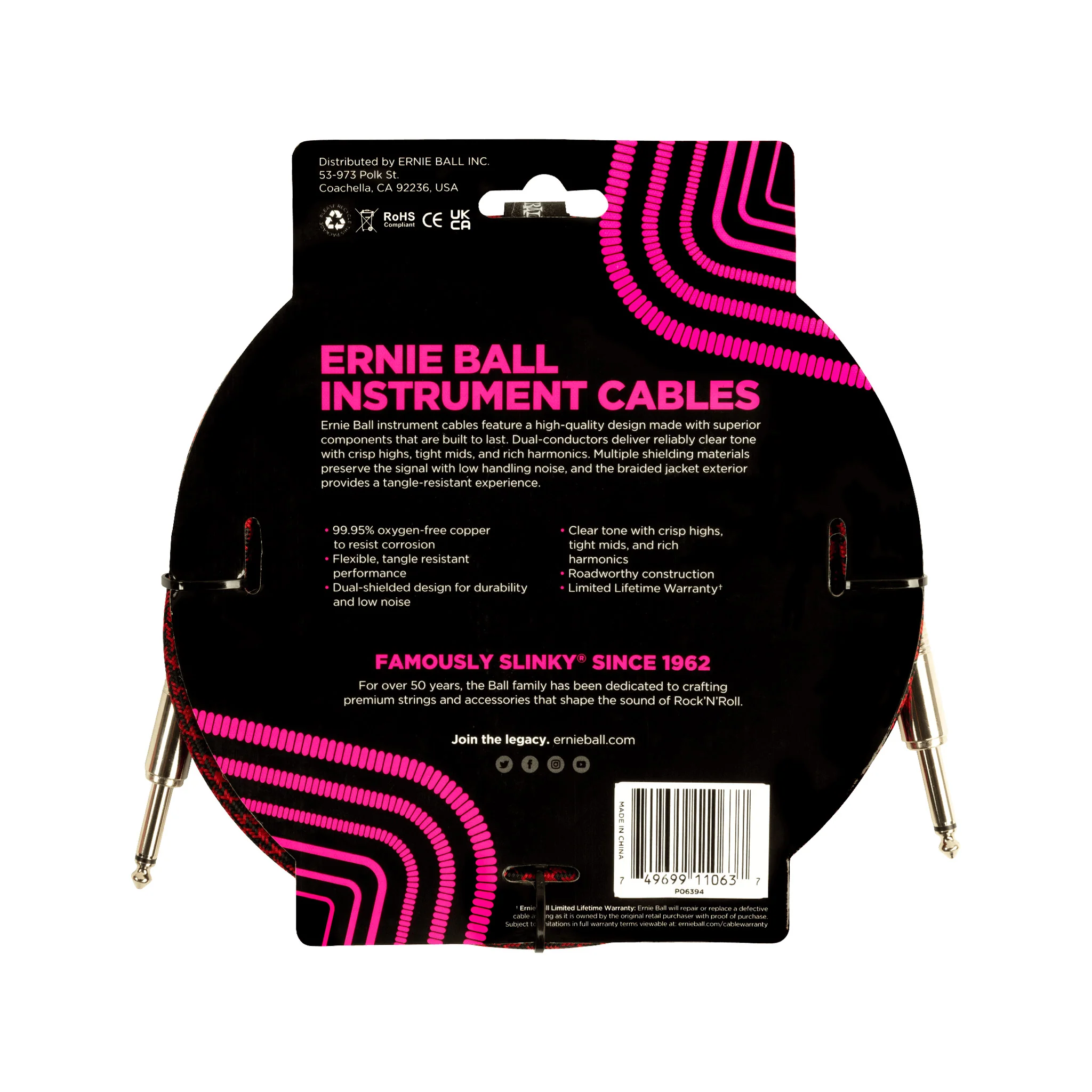 Ernie Ball 10ft Braided Straight to Straight Instrument Cable, Red Black - Image 2