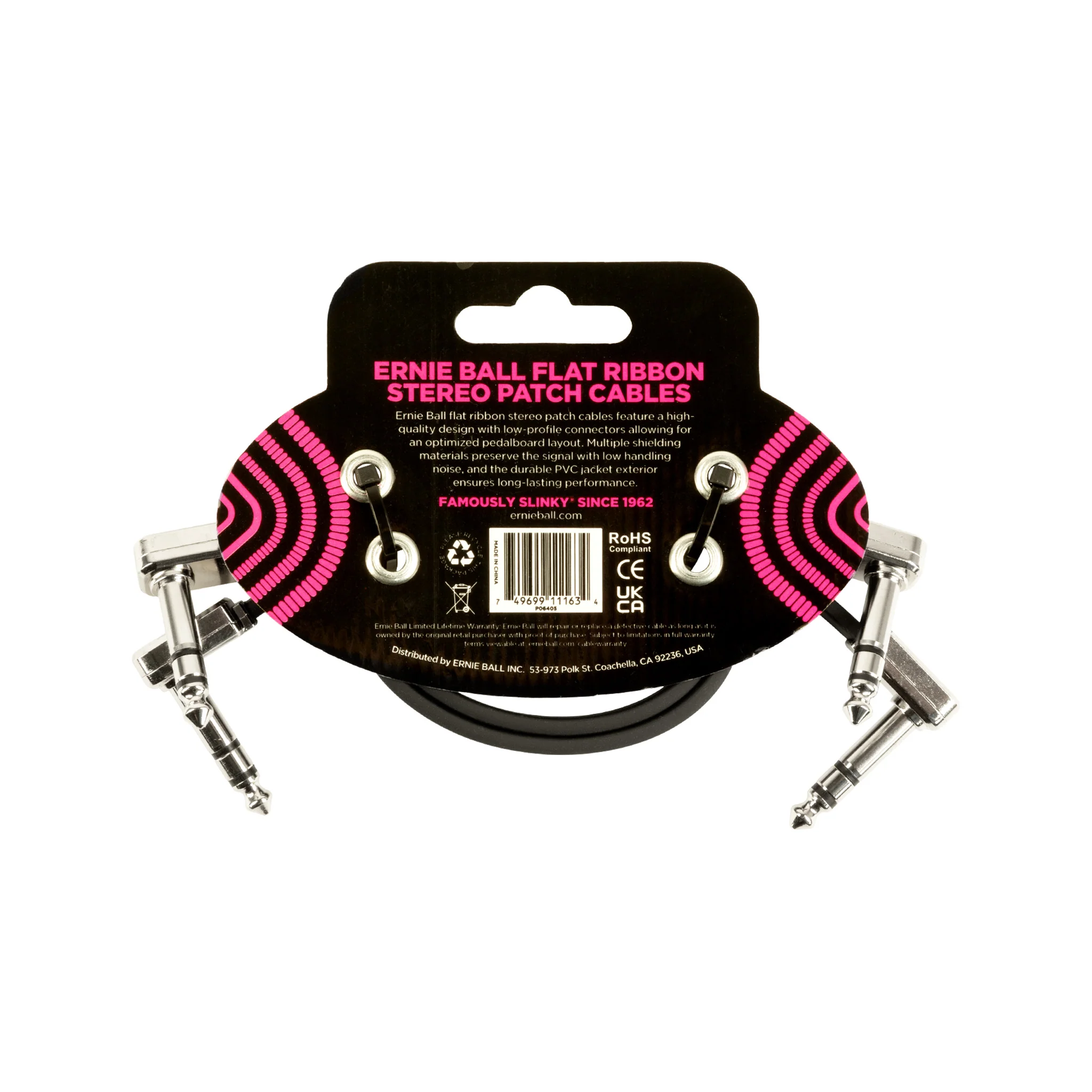 Ernie Ball 12 inch Flat Ribbon Stereo Patch Cable, Black, Pack of 2 - Image 2