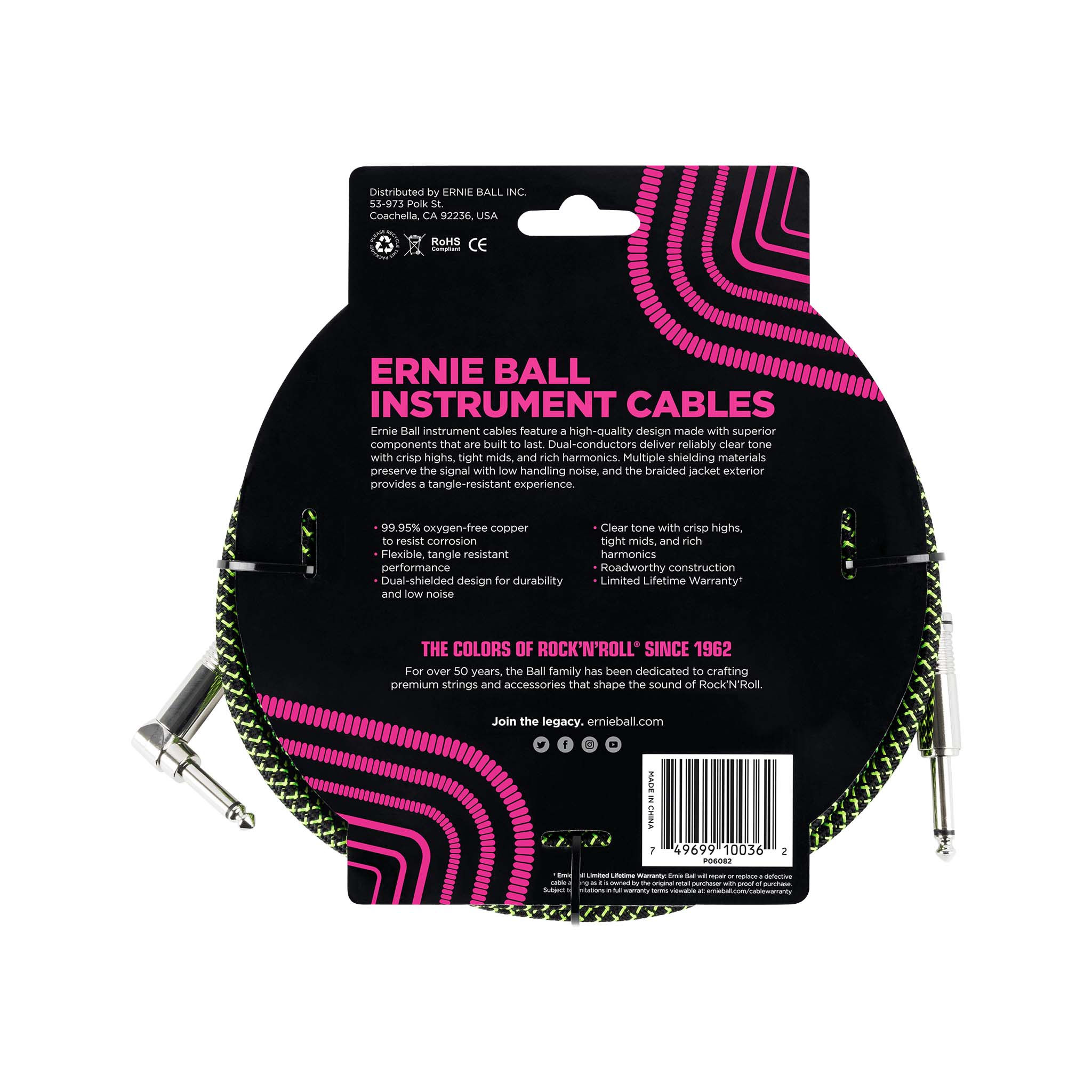 Ernie Ball 18ft Braided Straight to Angle Instrument Cable, Black/Green - Image 2