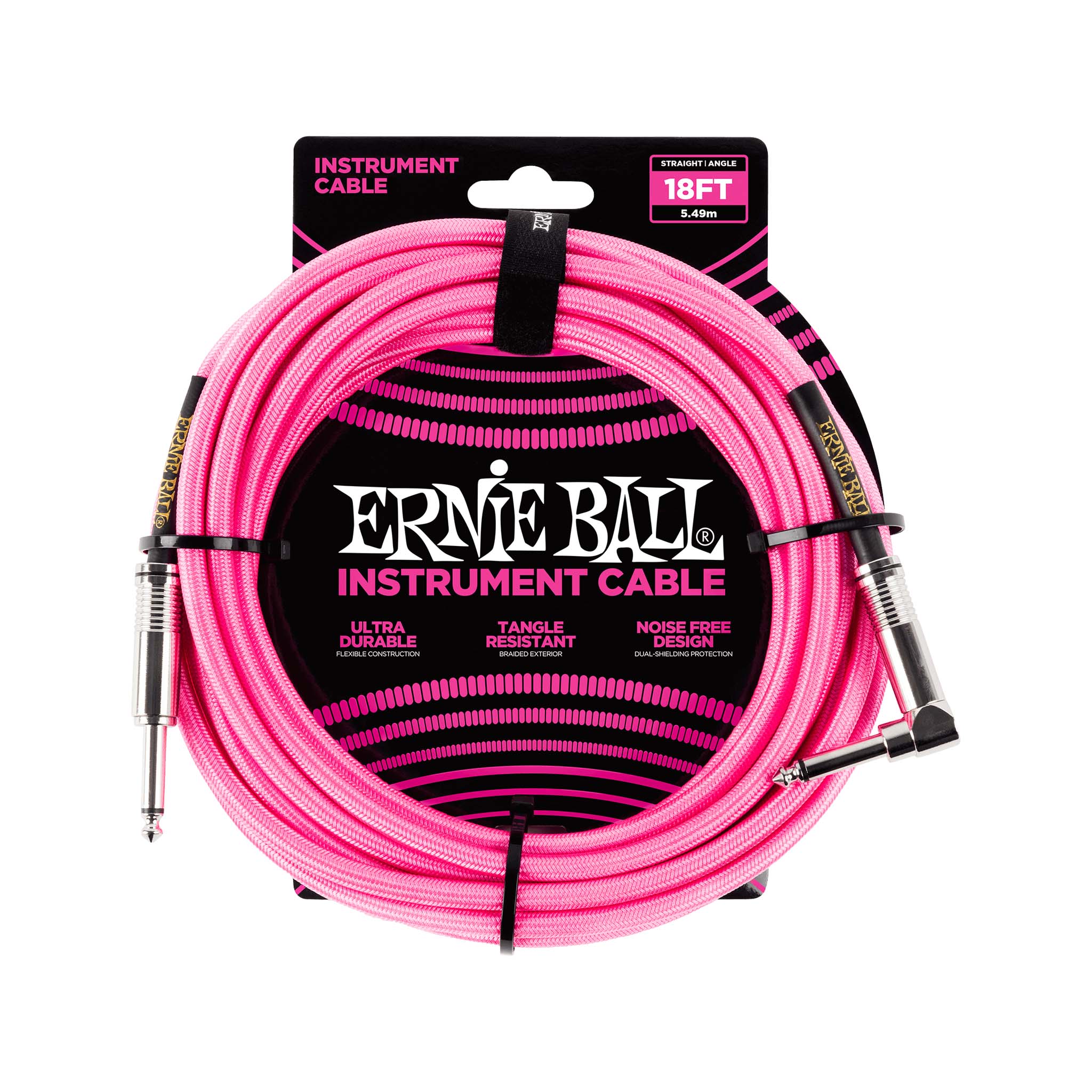 Ernie Ball 18ft Braided Straight to Angle Instrument Cable, Neon Pink