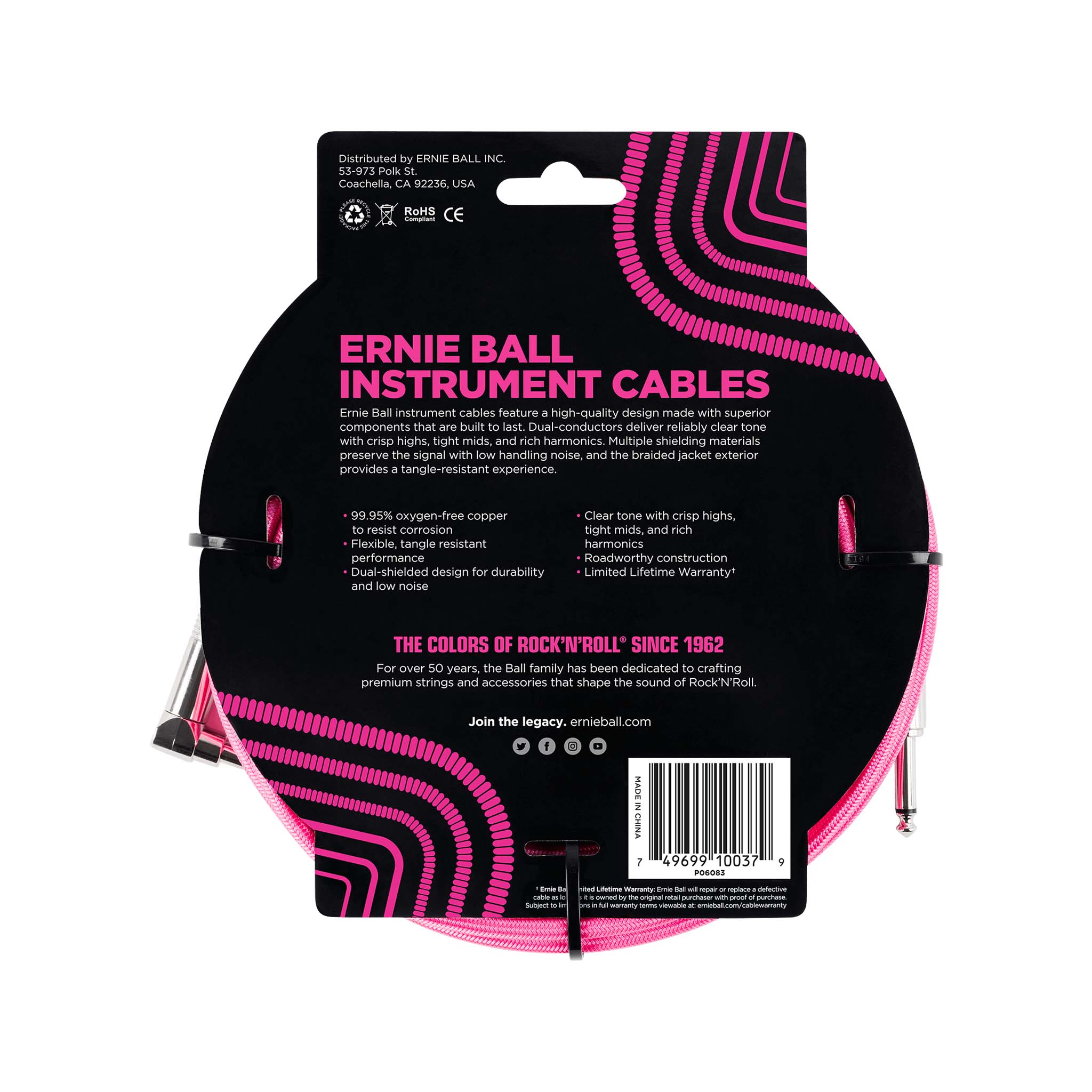 Ernie Ball 18ft Braided Straight to Angle Instrument Cable, Neon Pink - Image 2
