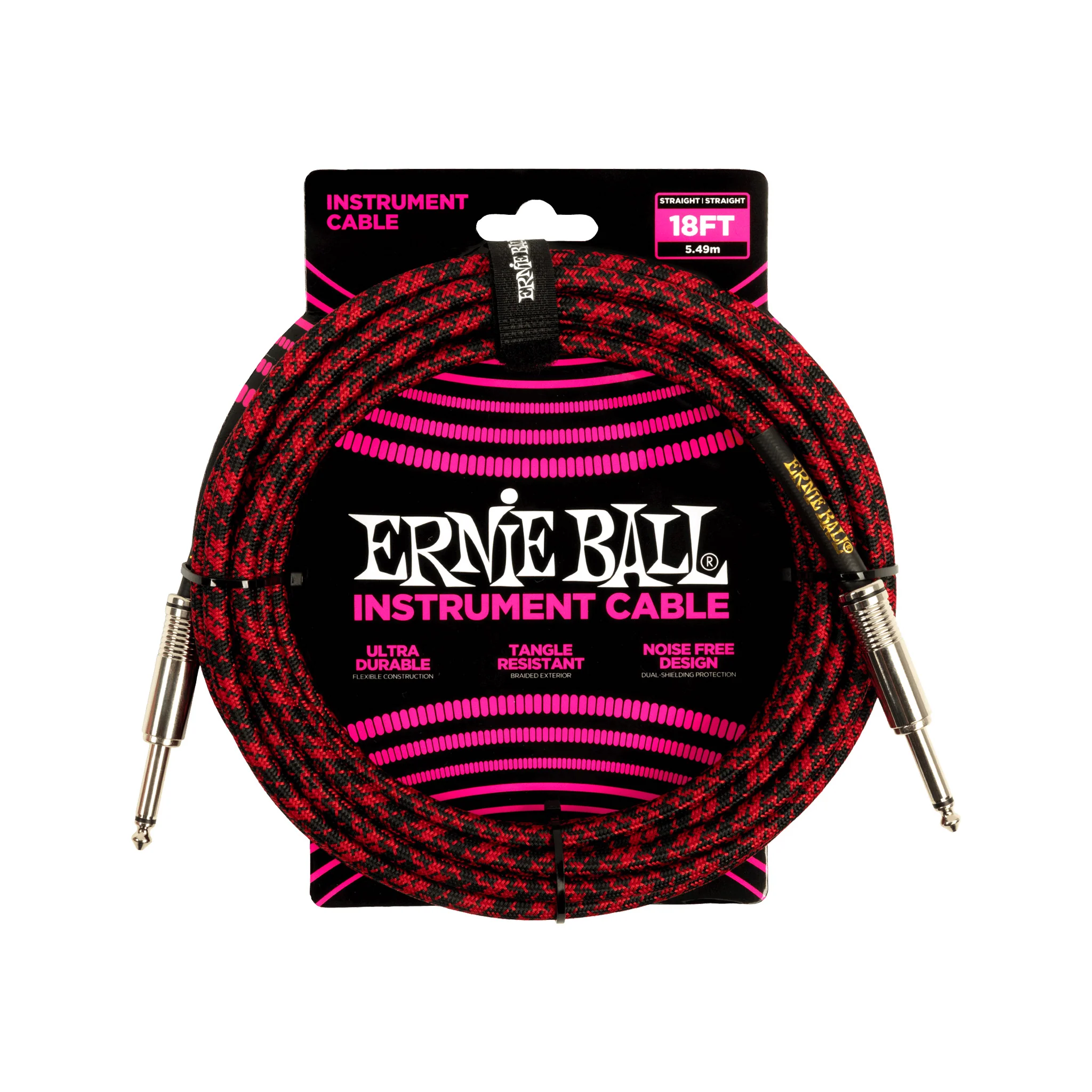 Ernie Ball 18ft Braided Straight to Straight Instrument Cable, Red Black