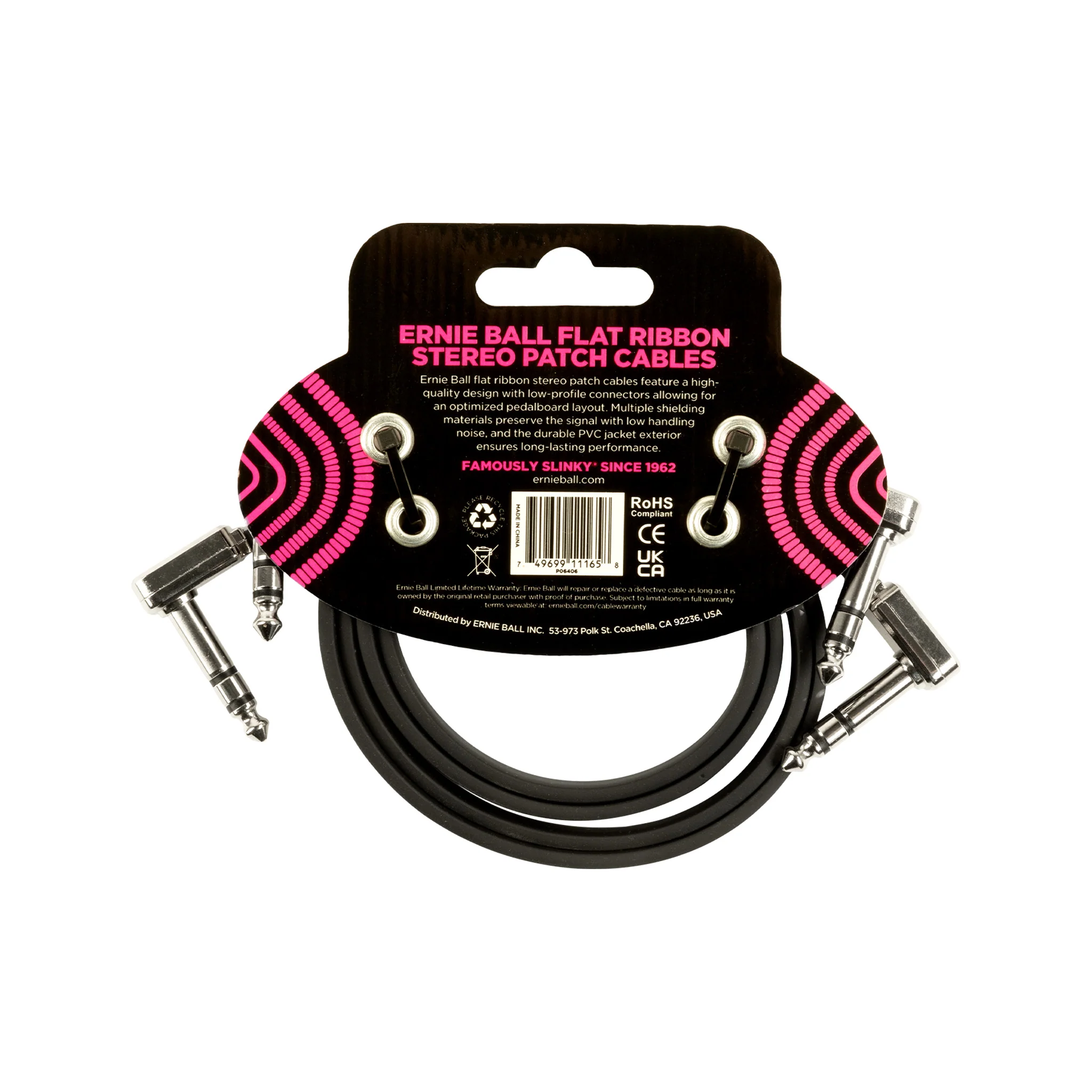 Ernie Ball 24 inch Flat Ribbon Stereo Patch Cable, Black, Pack of 2 - Image 2