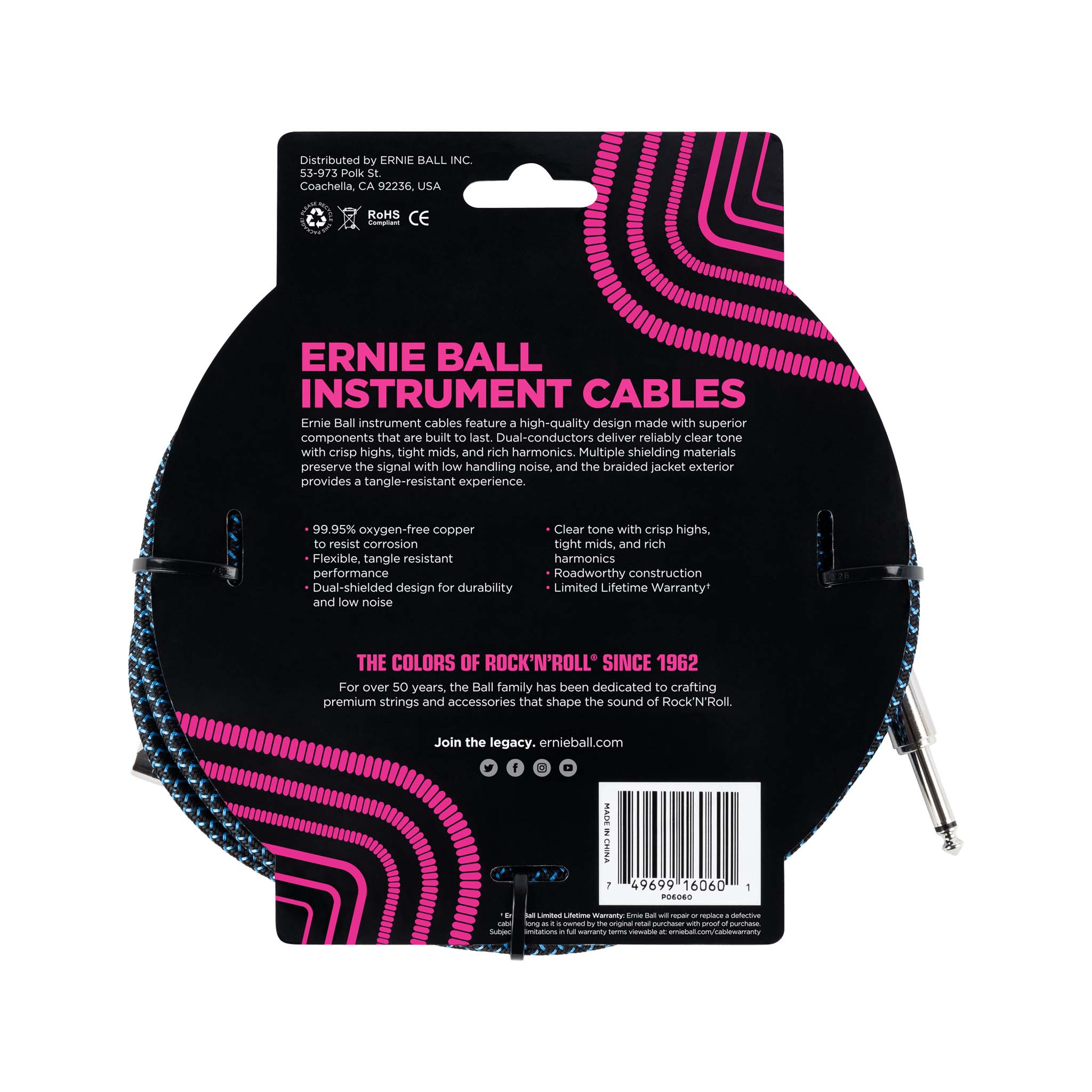 Ernie Ball 25ft Braided Straight to Angle Instrument Cable, Black/Blue - Image 2