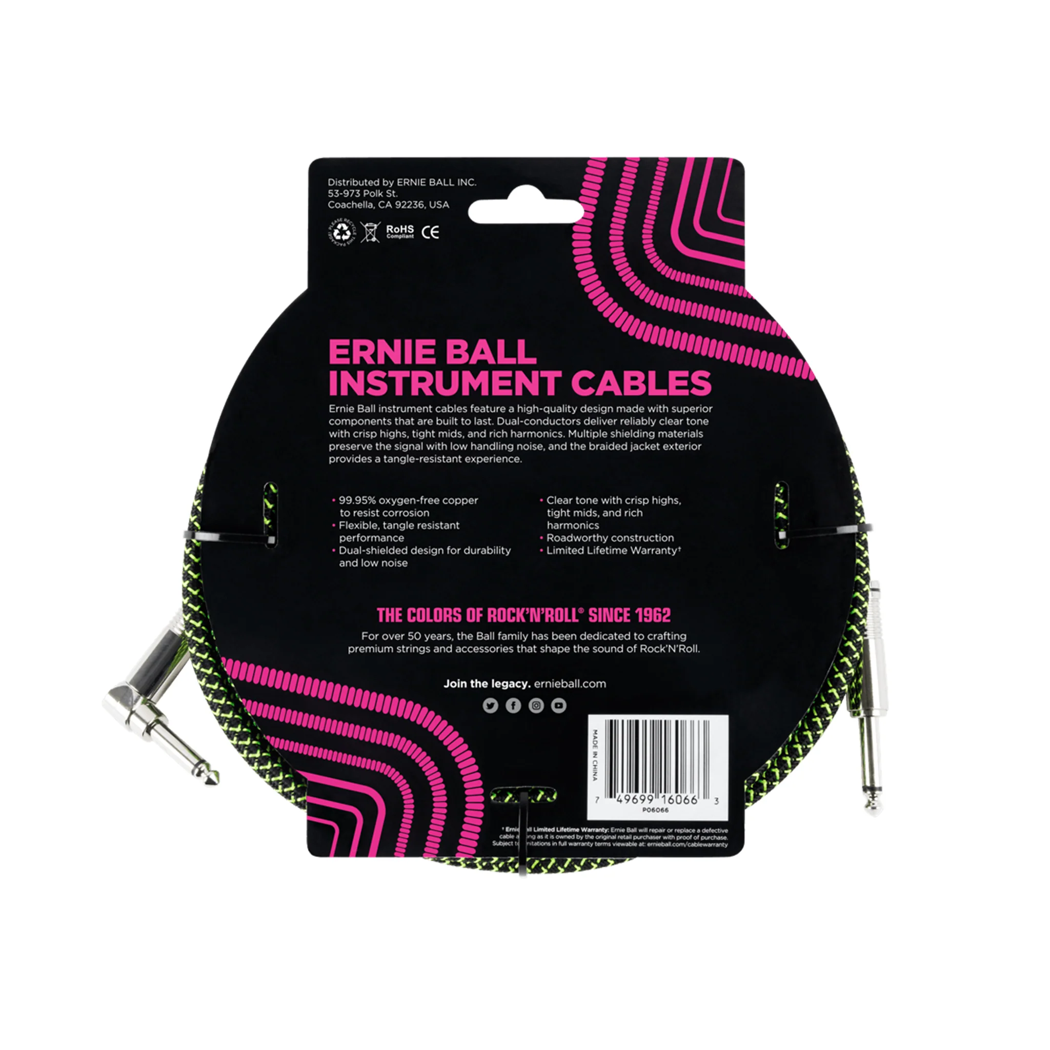 Ernie Ball 25ft Braided Straight to Angle Instrument Cable, Black/Green - Image 2