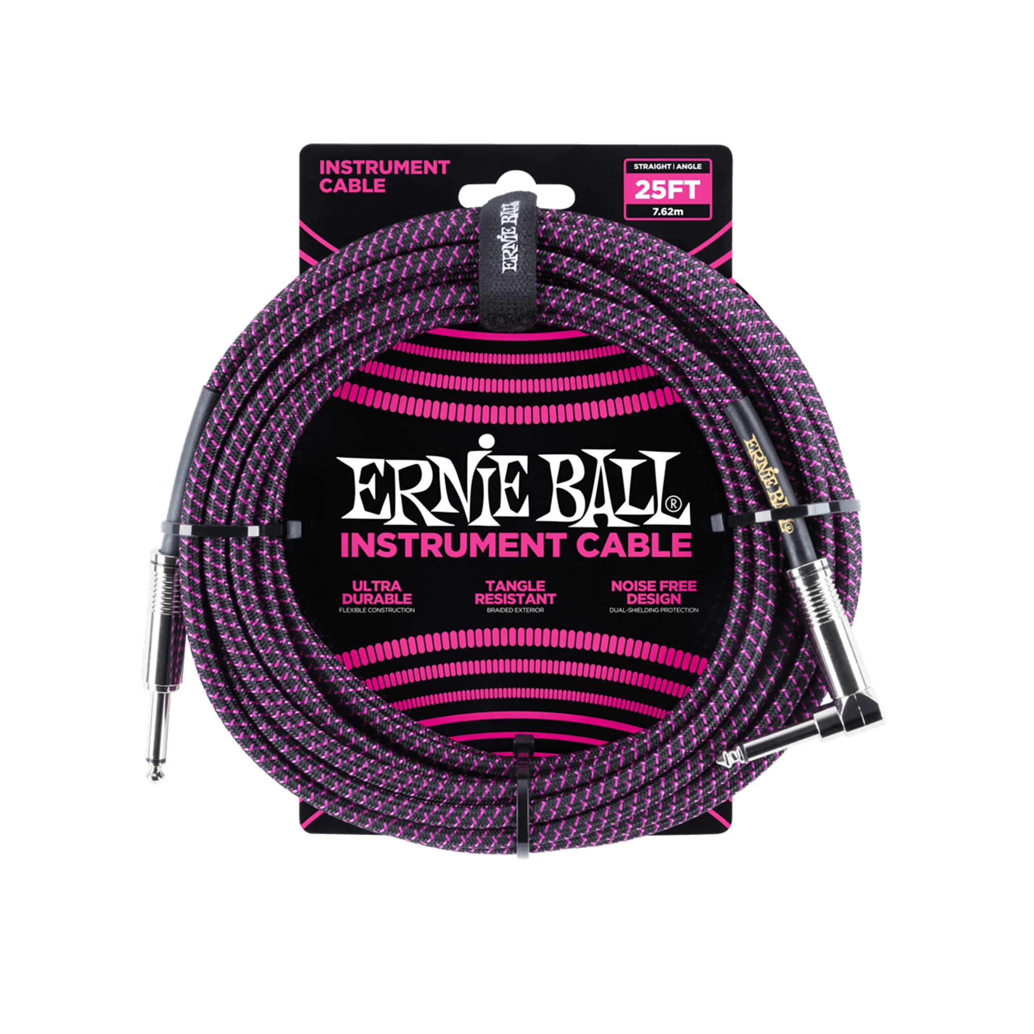 Ernie Ball 25ft Braided Straight to Angle Instrument Cable, Black/Purple