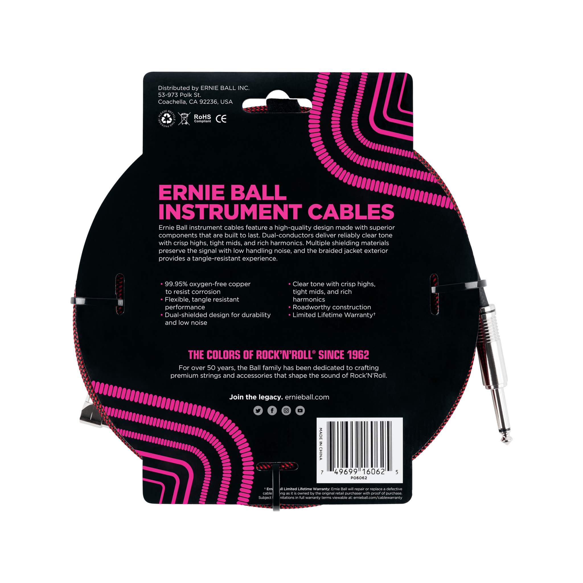 Ernie Ball 25ft Braided Straight to Angle Instrument Cable, Black/Red - Image 2
