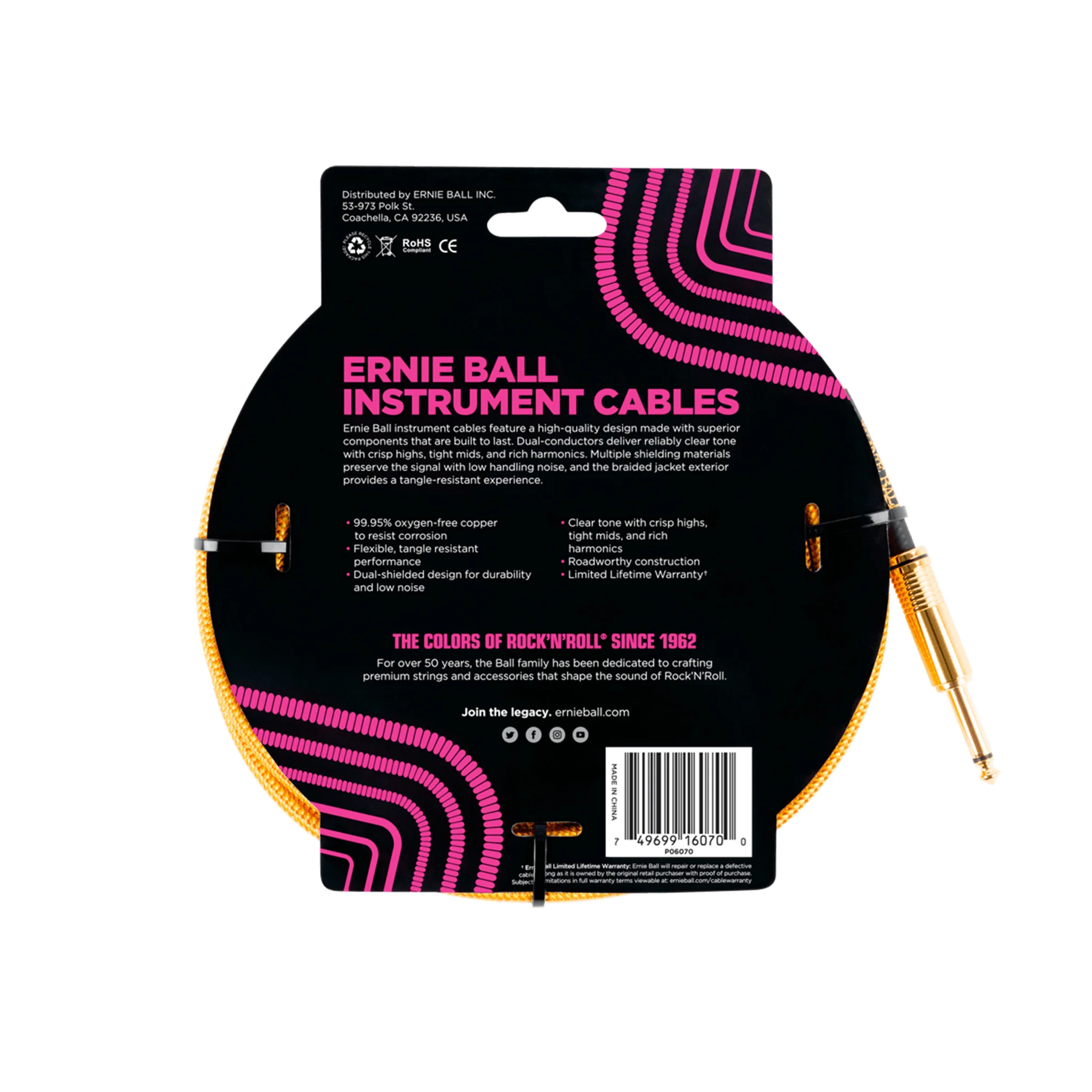 Ernie Ball 25ft Braided Straight to Angle Instrument Cable, Gold - Image 2