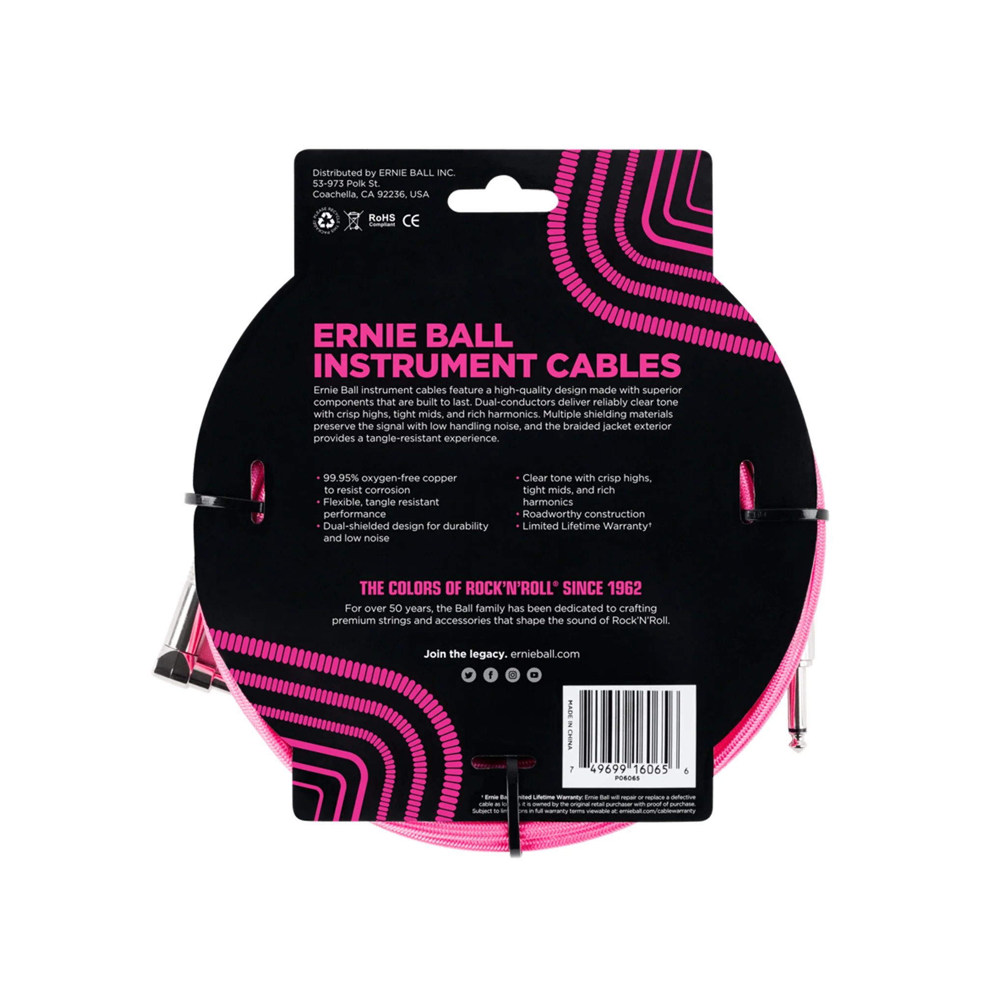 Ernie Ball 25ft Braided Straight to Angle Instrument Cable, Neon Pink - Image 2