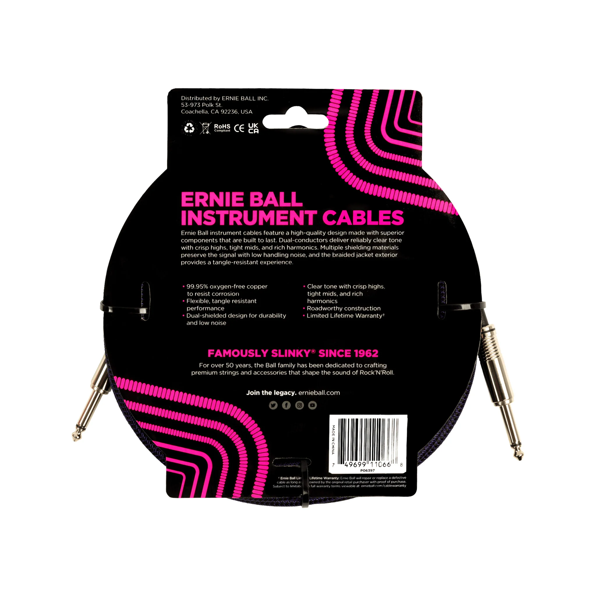 Ernie Ball 25ft Braided Straight to Straight Instrument Cable, Purple Black - Image 2