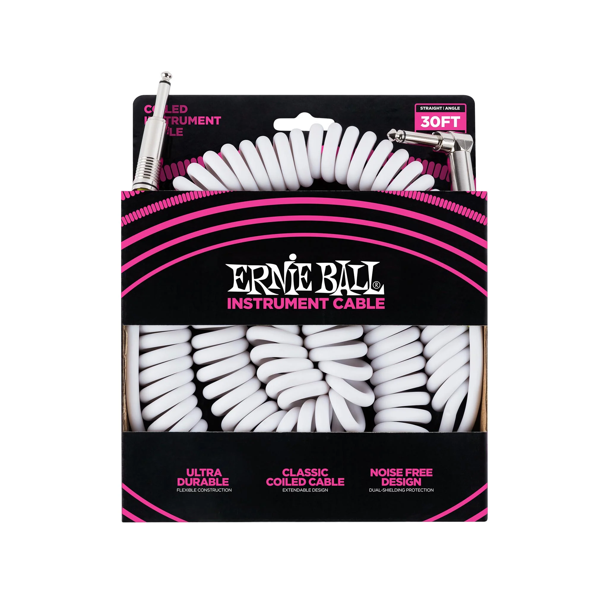 Ernie Ball 30ft Coiled Straight to Angled Instrument Cable, White