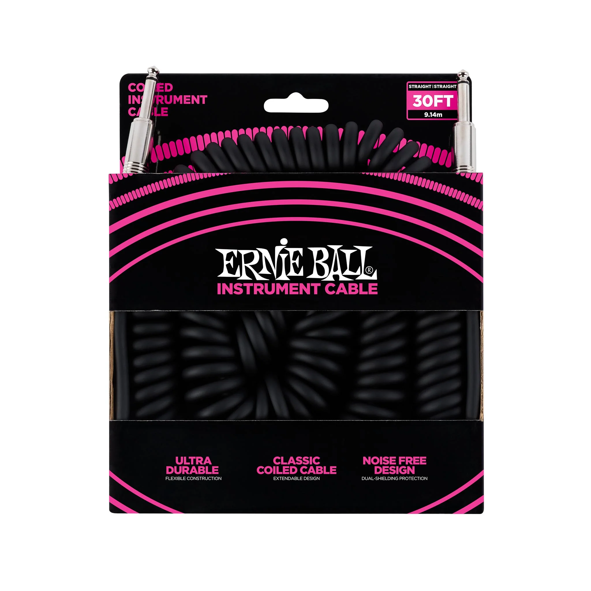 Ernie Ball 30ft Coiled Straight to Straight Instrument Cable, Black