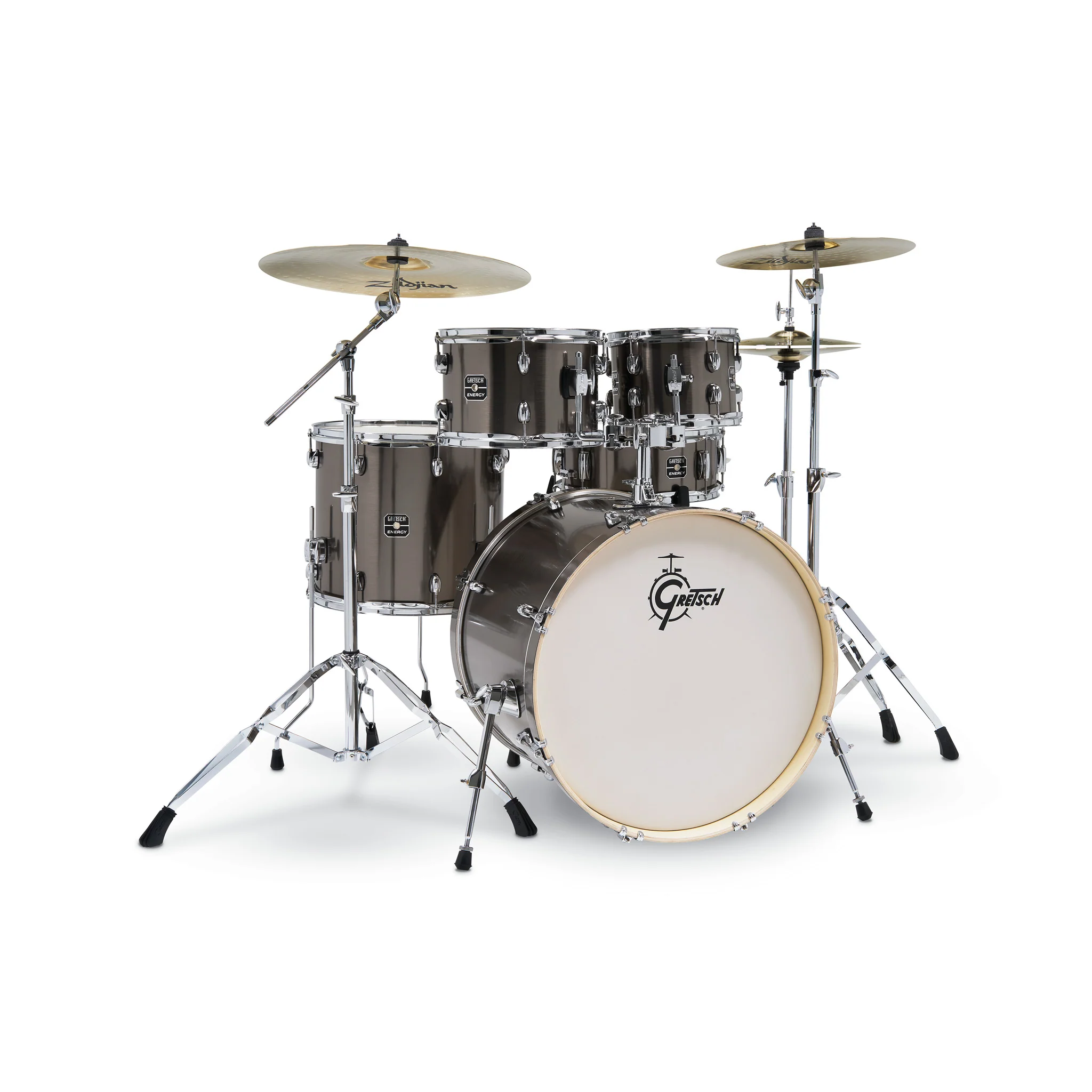 Gretsch GE4E825GS Energy 5-Piece Drum Kit w/Hardware (22inch BD), Grey Steel w/ Sabian SBR Cymbals Bundle