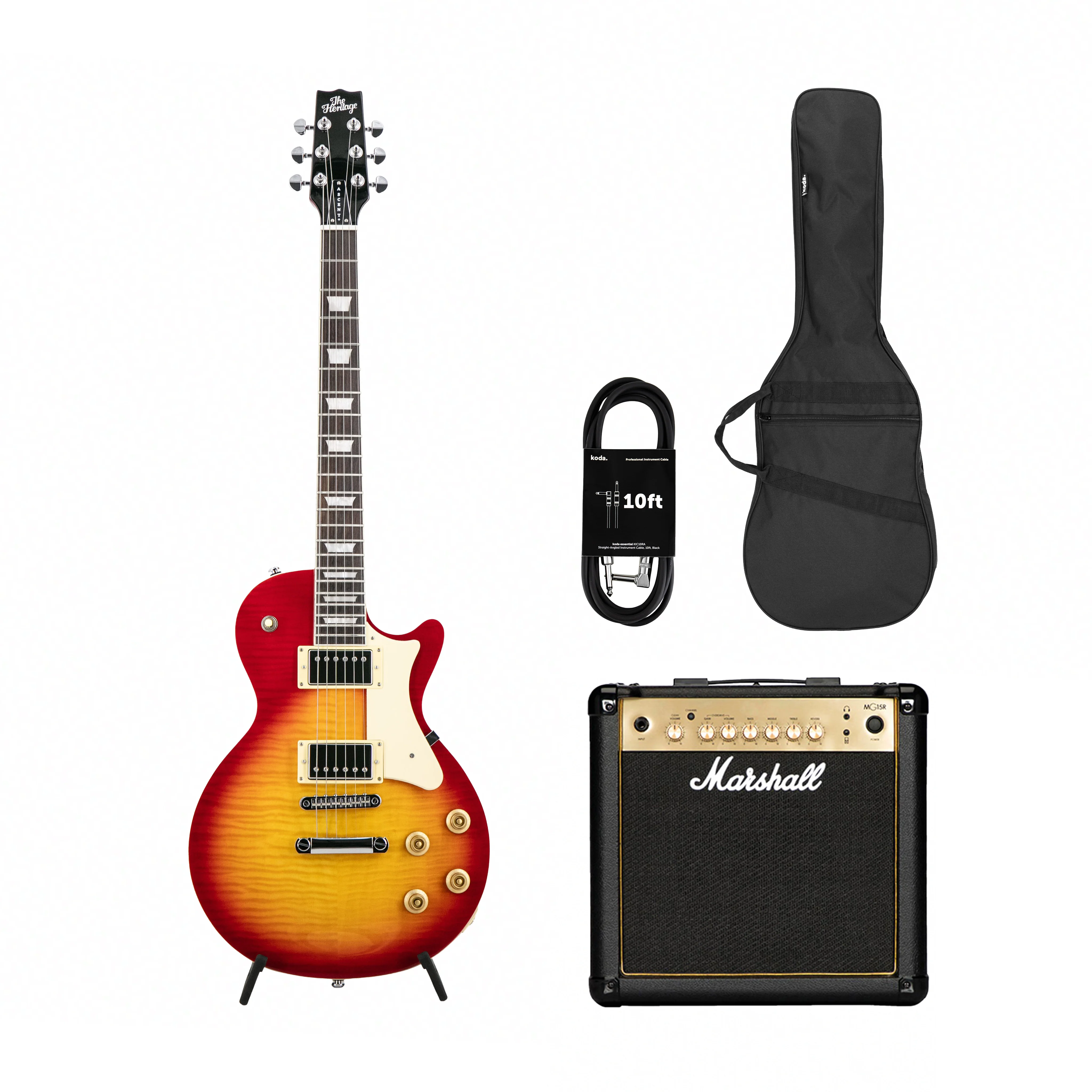 Heritage Ascent+ Collection H-150 Electric Guitar, Cherry Sunburst w/ Marshall MG15GR Bundle