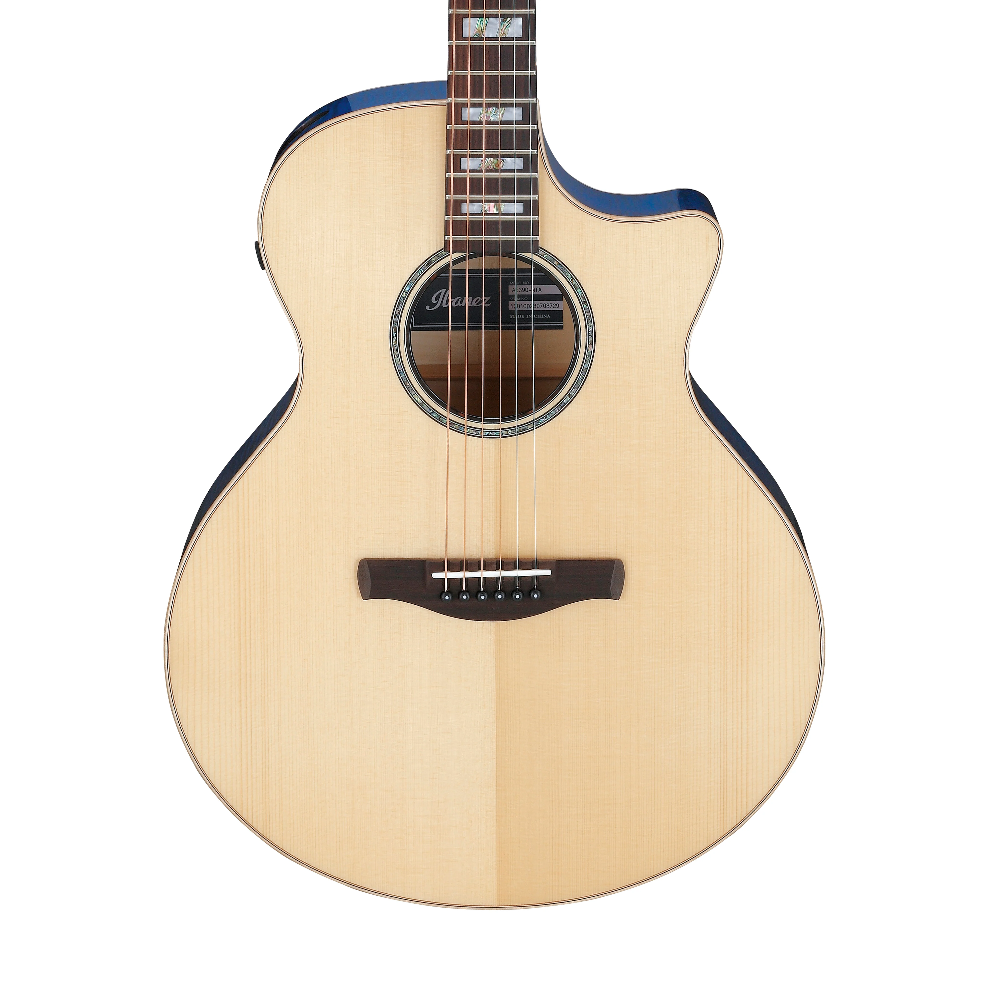 Ibanez AE390-NTA Acoustic Guitar w/Natural High Gloss Top, Aqua Blue High Gloss Back & sides - Image 4