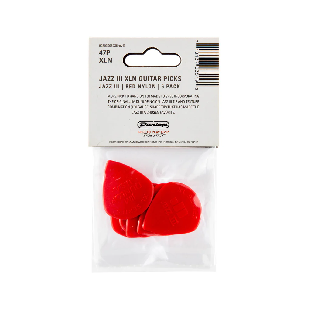 Jim Dunlop 47PXLN Nylon Jazz III XL Guitar Picks, Red, 6-Pack - Image 2