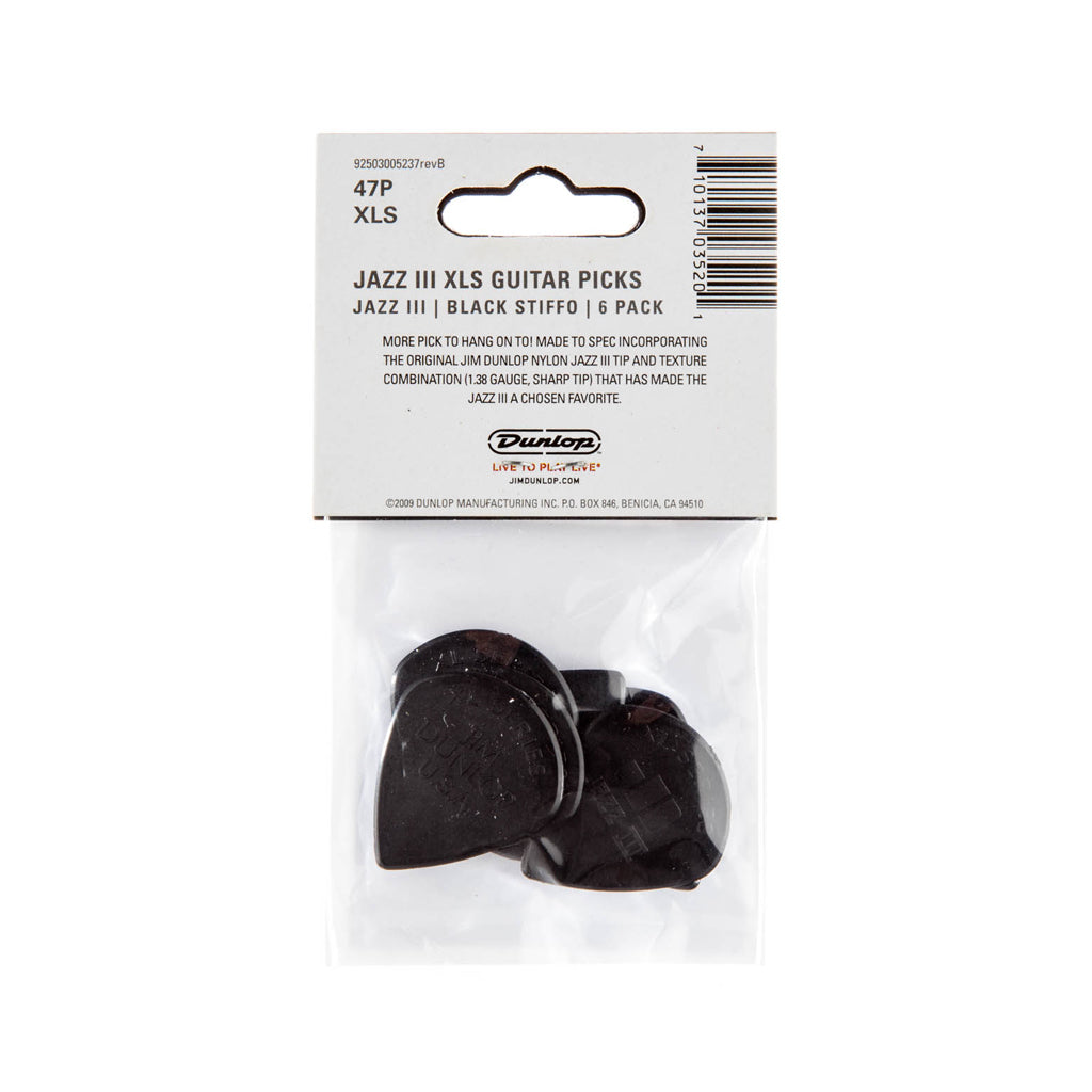 Jim Dunlop 47PXLS Nylon Jazz III XL Guitar Picks, Black Stiffo, 6-Pack - Image 2