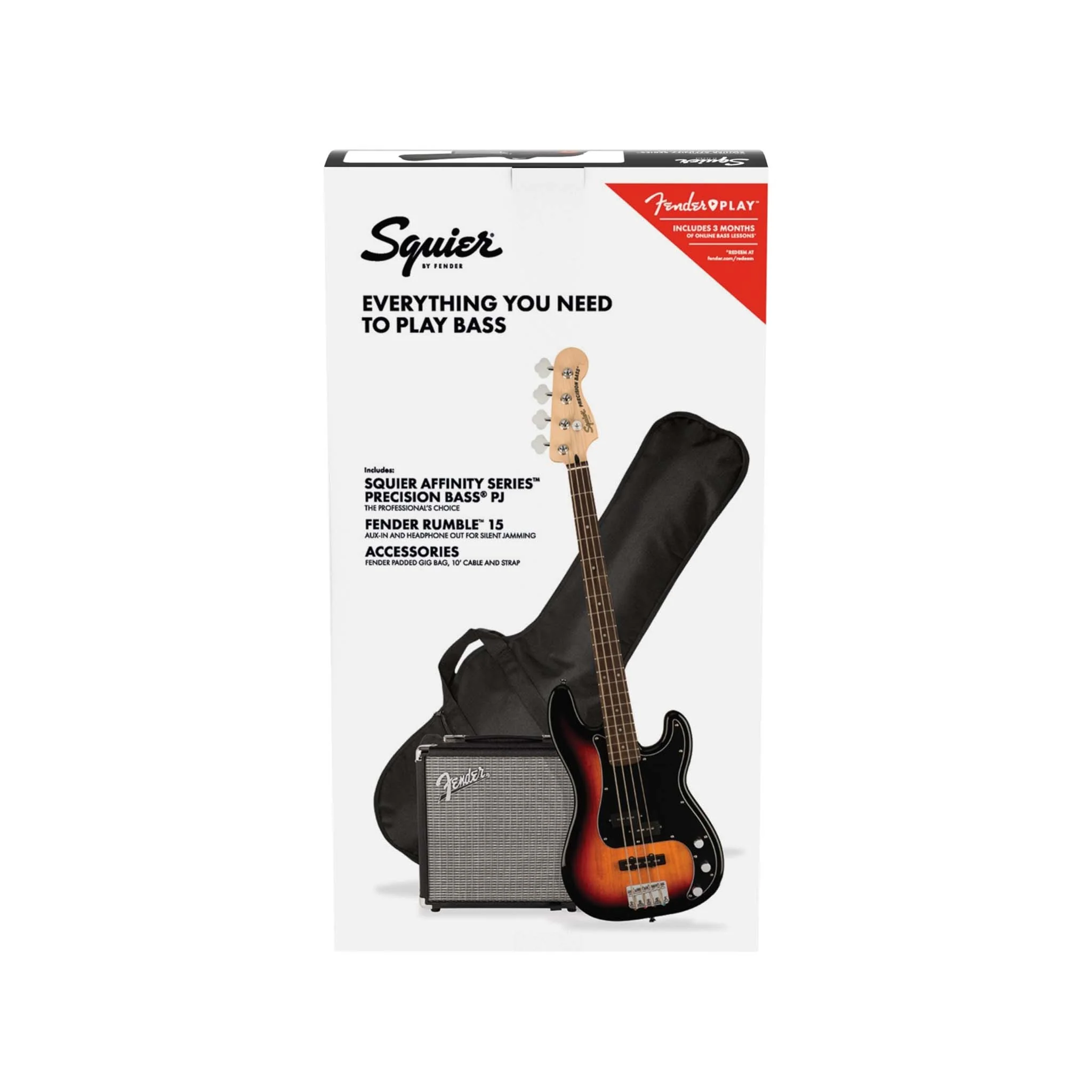 Squier Affinity Series PJ Bass Guitar Pack, Laurel FB, 3-color Sunburst, 230V, UK - Image 2