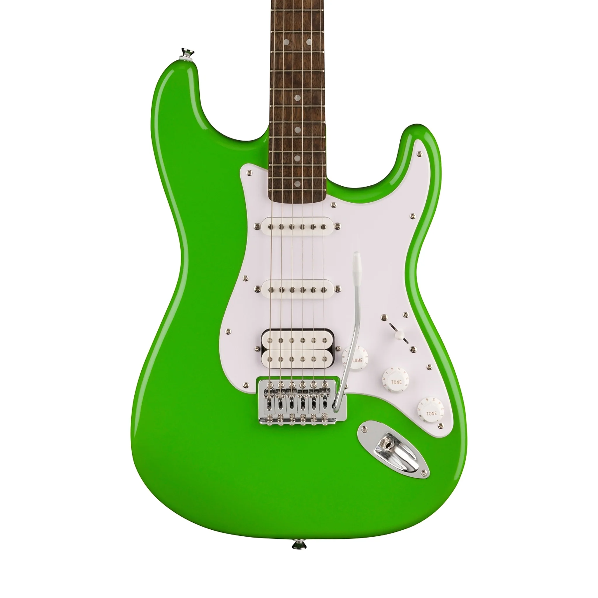 Squier FSR Sonic Stratocaster HSS Electric Guitar w/White Pickguard, Laurel FB, Lime Green - Image 3