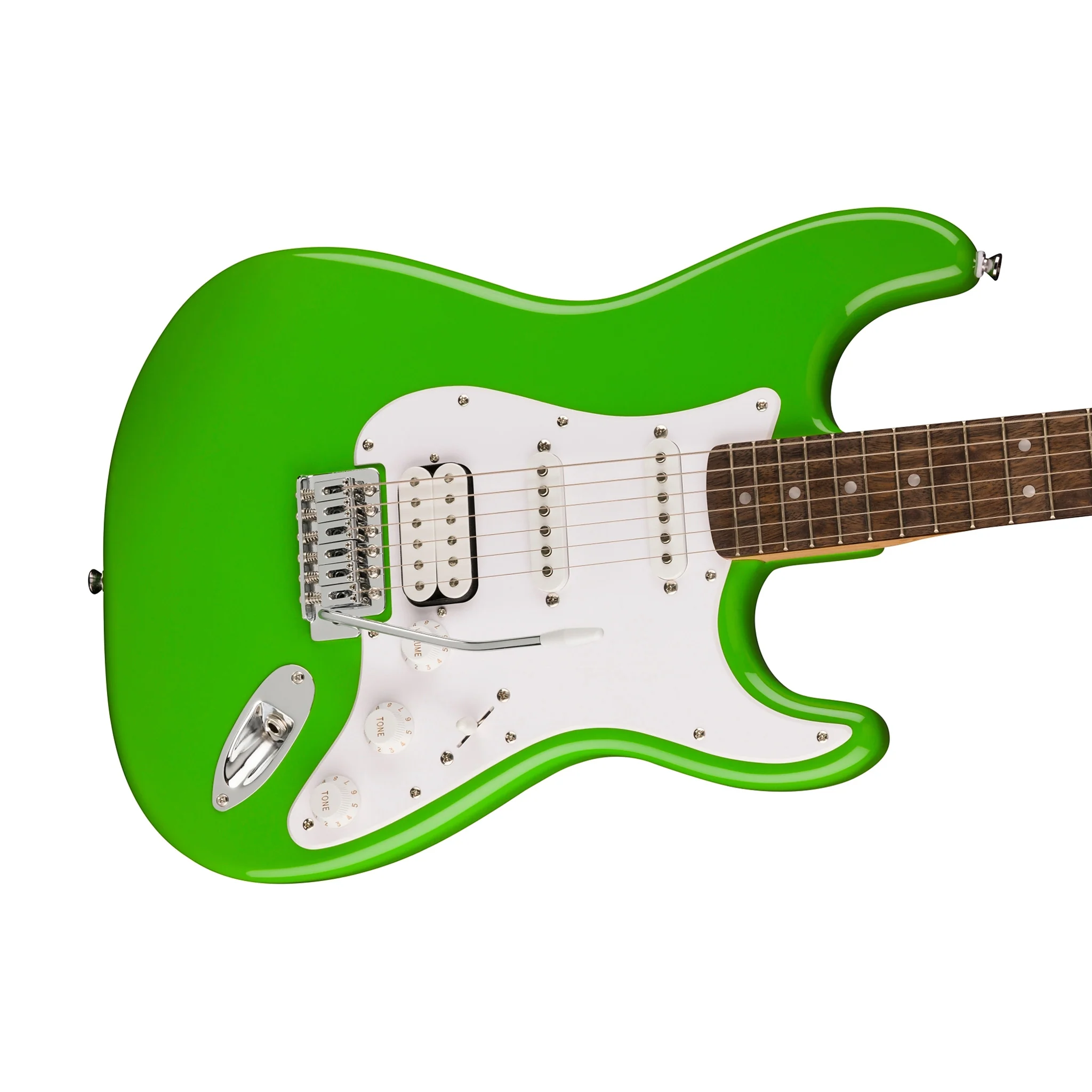 Squier FSR Sonic Stratocaster HSS Electric Guitar w/White Pickguard, Laurel FB, Lime Green - Image 5