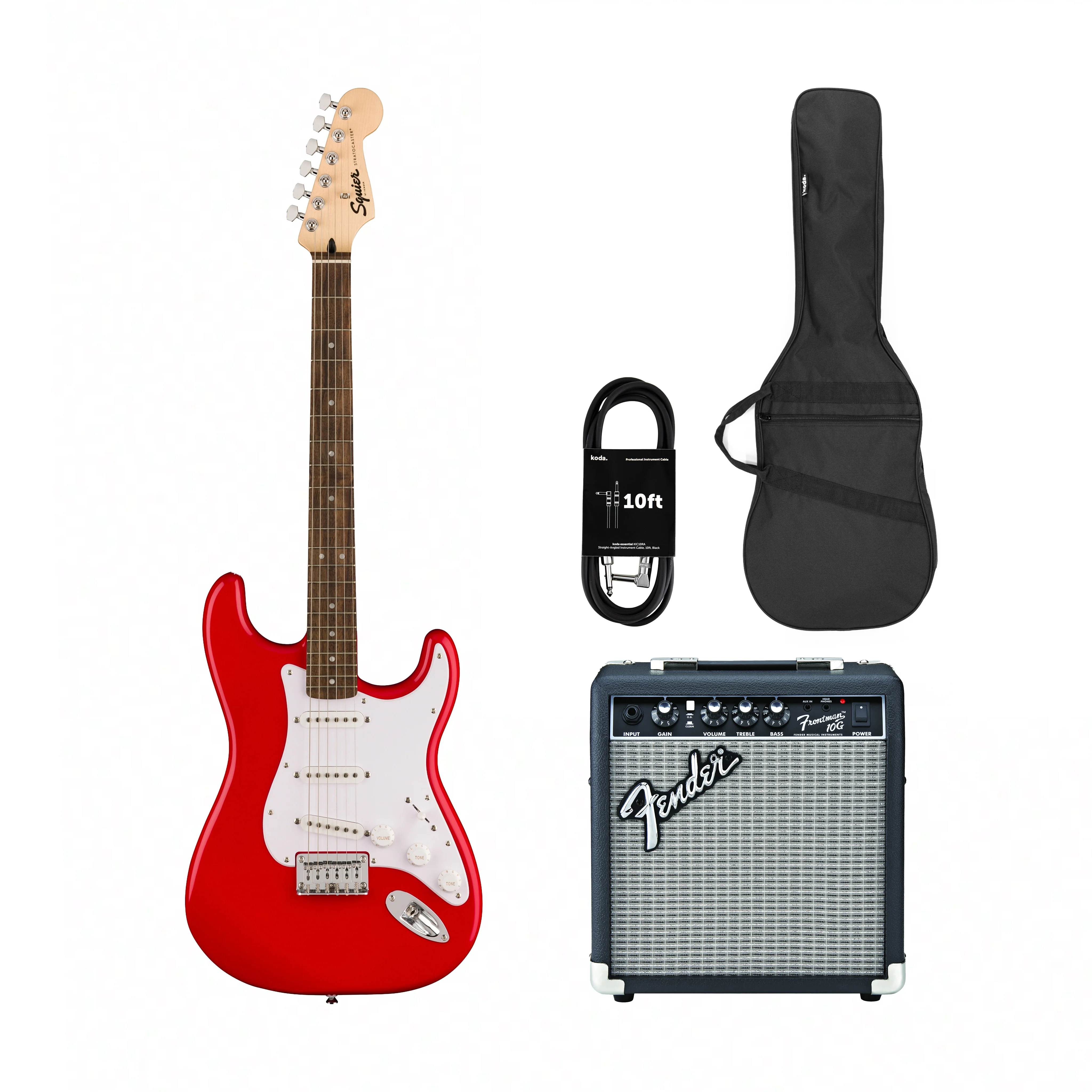 Squier Sonic Stratocaster HT Electric Guitar w/White Pickguard, Laurel FB, Torino Red w/ Fender Frontman 10G Bundle