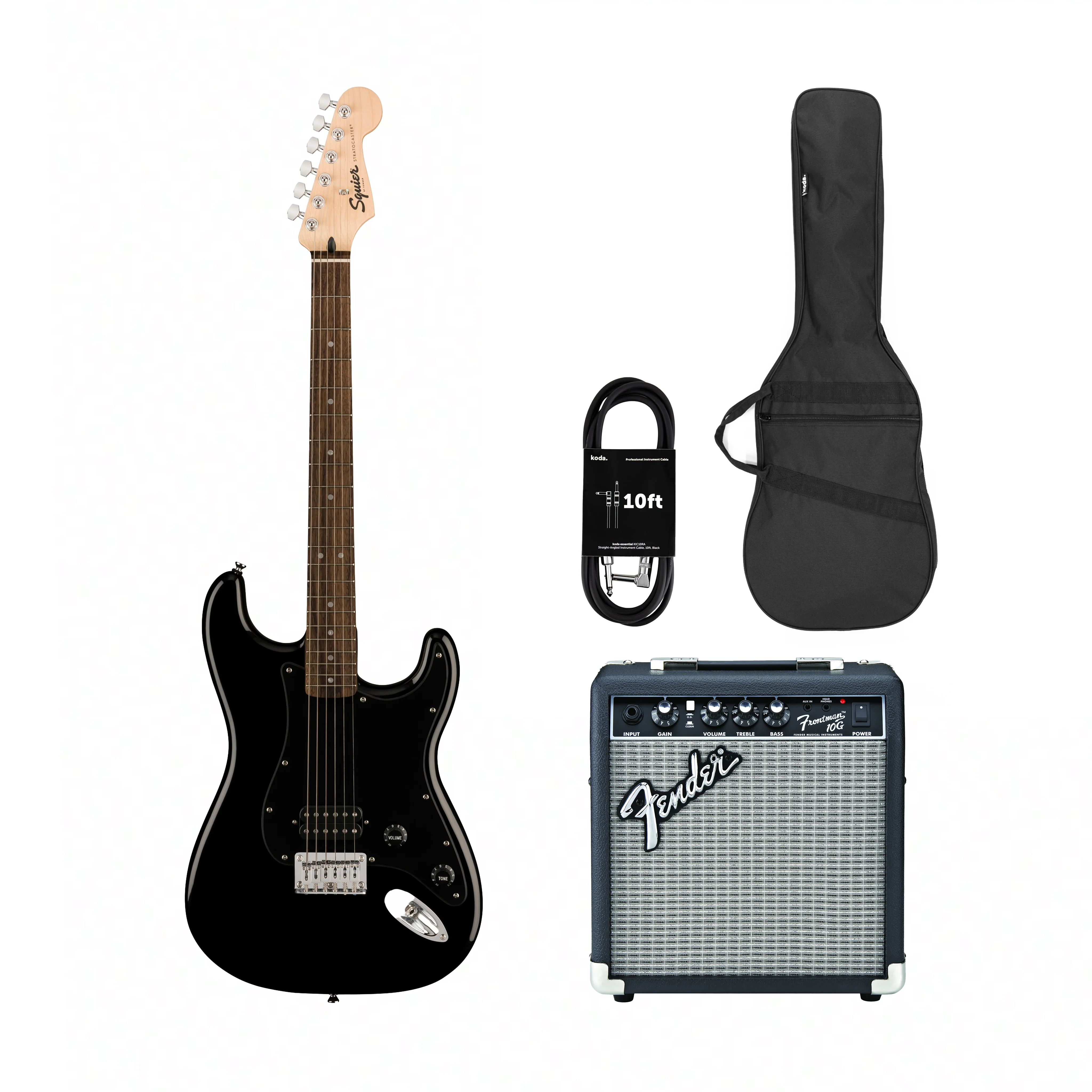 Squier Sonic Stratocaster HT H Electric Guitar w/Black Pickguard, Laurel FB, Black w/ Fender Frontman 10G Bundle