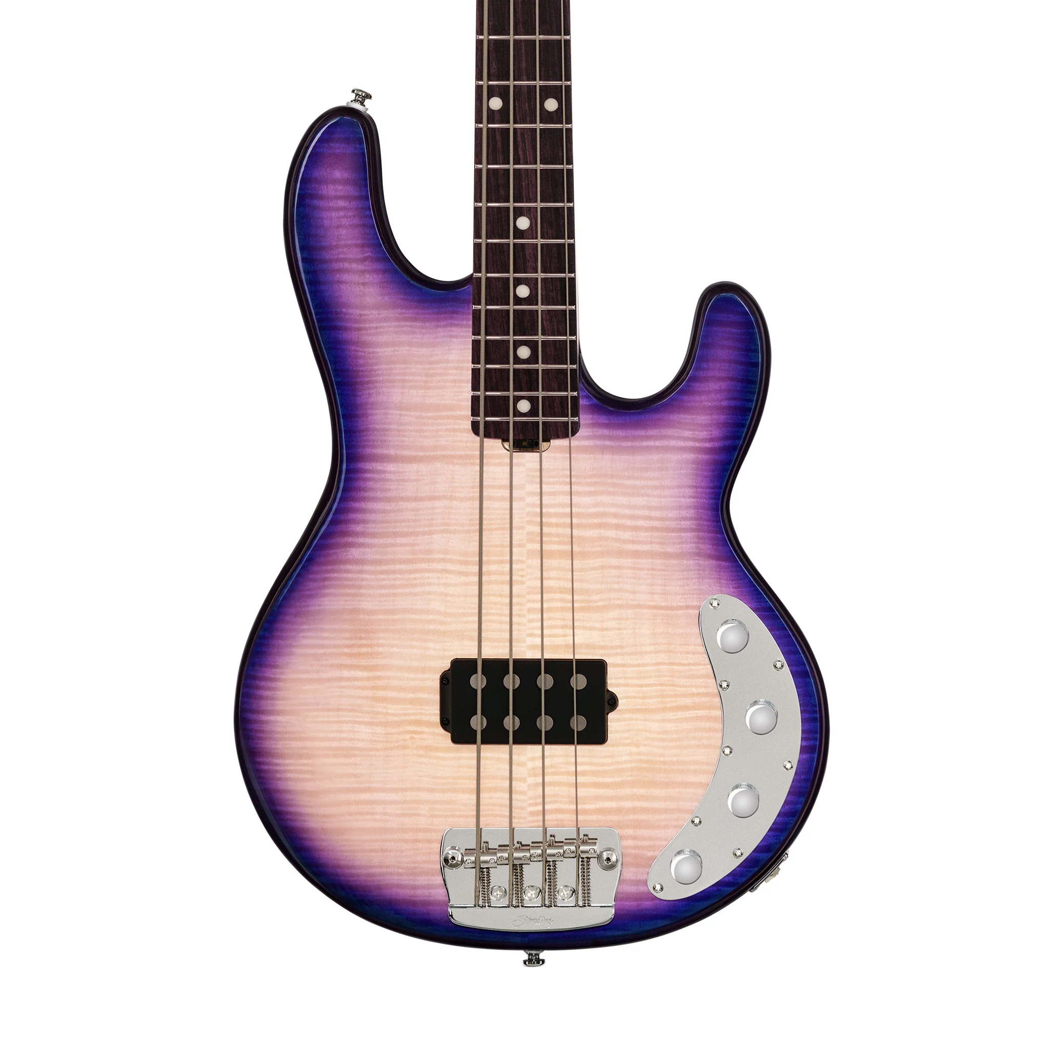 Sterling by Music Man RAY34 StingRay Flame Maple Top Bass Guitar, Purple Sunset - Image 3