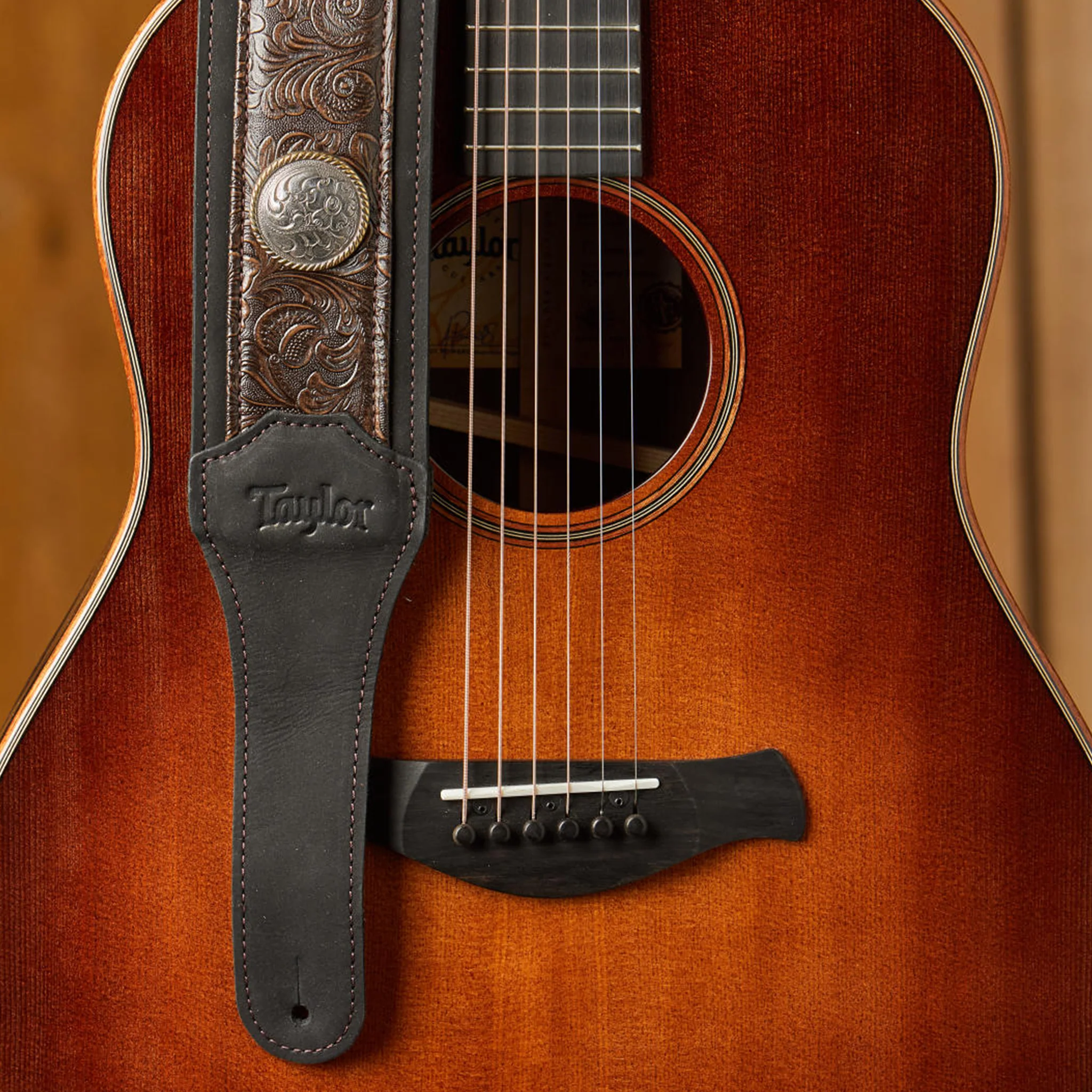 Taylor Grand Pacific Leather Guitar Strap, Black/Nickel Concho,3inch - Image 2
